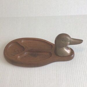 Vintage brass duck head wood valet tray-Dresser caddy